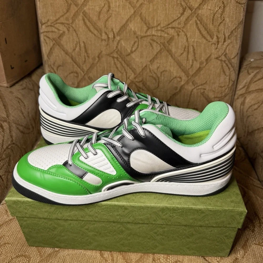 GUCCI Sneakers Men's UK 15 Basket Style Low Top Shoes Green White DEMETRA $950
